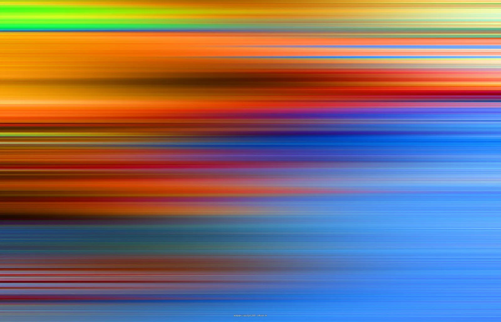 Abstrakte Komposition aus horizontalen, verwischten Streifen in Orange, Gelb, Grün, Rot und Blau, die von oben nach unten ineinander übergehen.