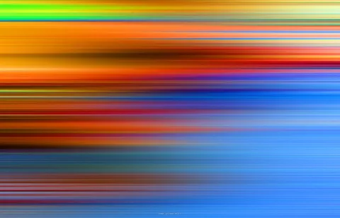 Abstrakte Komposition aus horizontalen, verwischten Streifen in Orange, Gelb, Grün, Rot und Blau, die von oben nach unten ineinander übergehen.