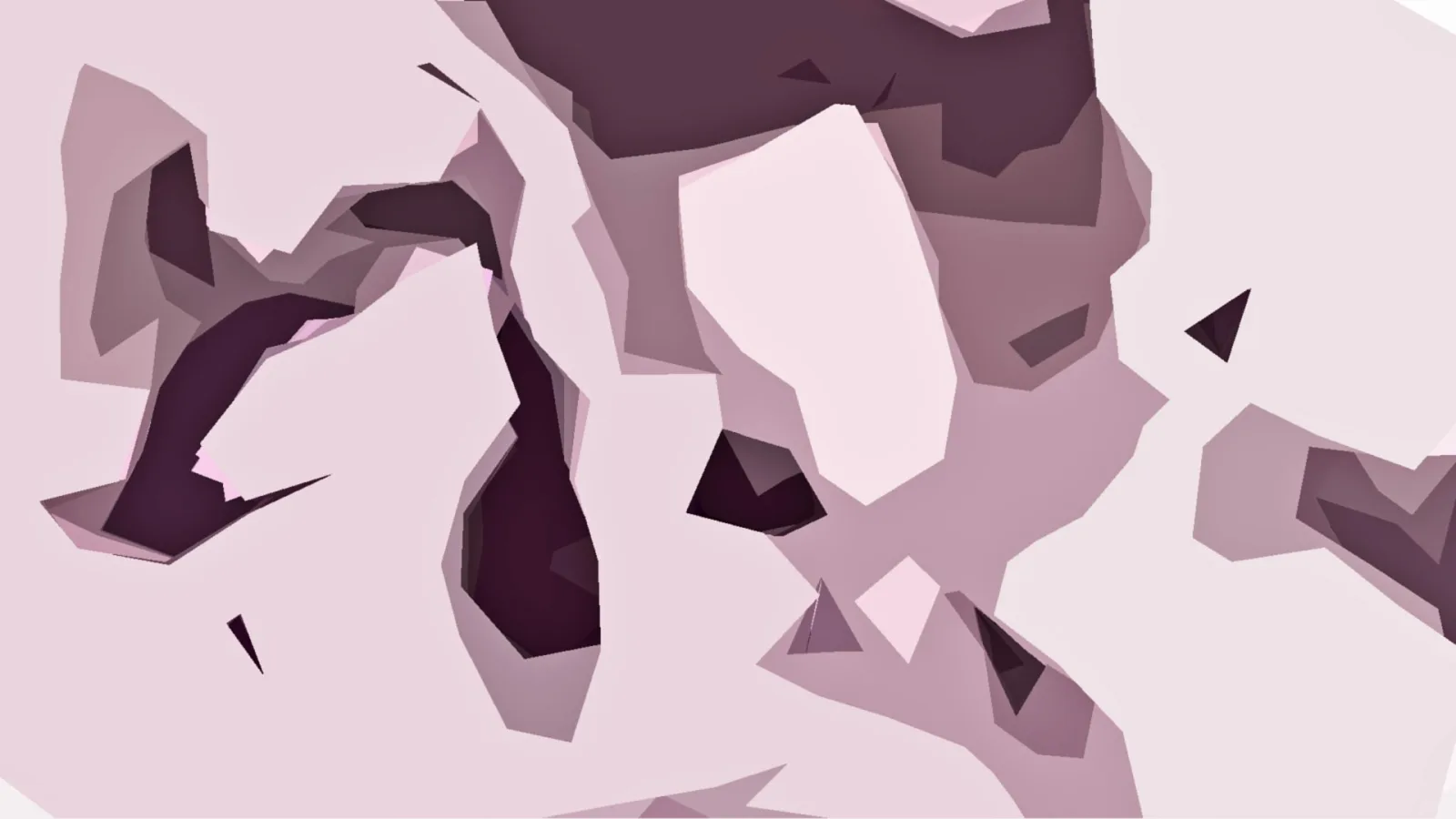 Abstraktes Bild aus flachen, kantigen Formen in Rosa und Dunkelviolett, dazwischen helle Flächen.