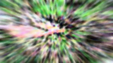 Abstrakte radiale Komposition aus grünen, rosa und dunklen Farbflecken, die von der Bildmitte nach außen strahlen.