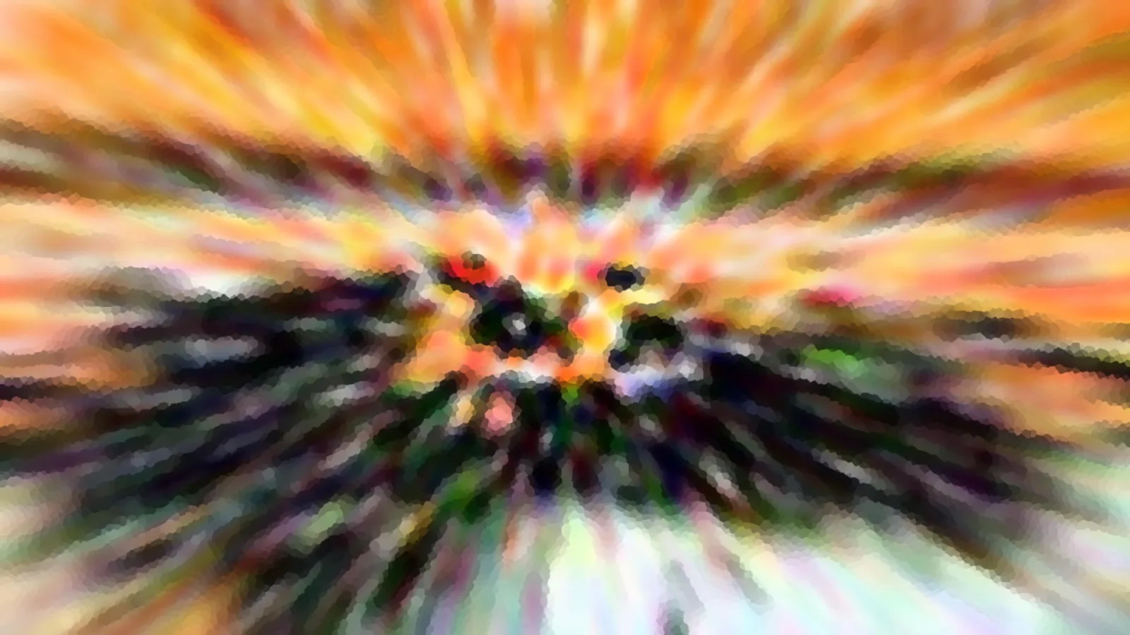 Abstrakte Komposition mit radial auseinanderlaufenden orangefarbenen, grünen und dunklen Schlieren um ein dunkles Zentrum.