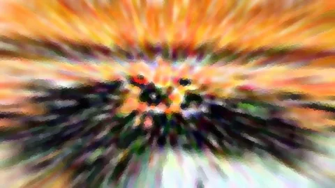 Abstrakte Komposition mit radial auseinanderlaufenden orangefarbenen, grünen und dunklen Schlieren um ein dunkles Zentrum.