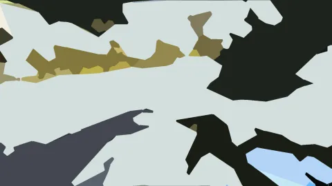 Abstrakte Komposition aus flachen, unregelmäßigen Formen in Olivgrün, Schwarz, Hellgrau und einzelnen Blautönen auf hellgrauem Grund.