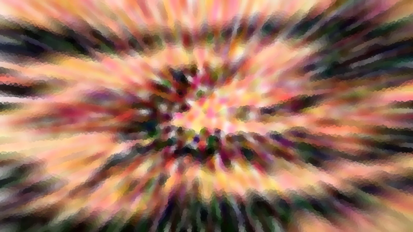 Abstraktes Bild mit radial von der Mitte nach außen laufenden Streifen in Rosa, Orange, Gelb und Dunkelgrün.