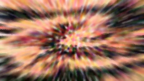 Abstraktes Bild mit radial von der Mitte nach außen laufenden Streifen in Rosa, Orange, Gelb und Dunkelgrün.