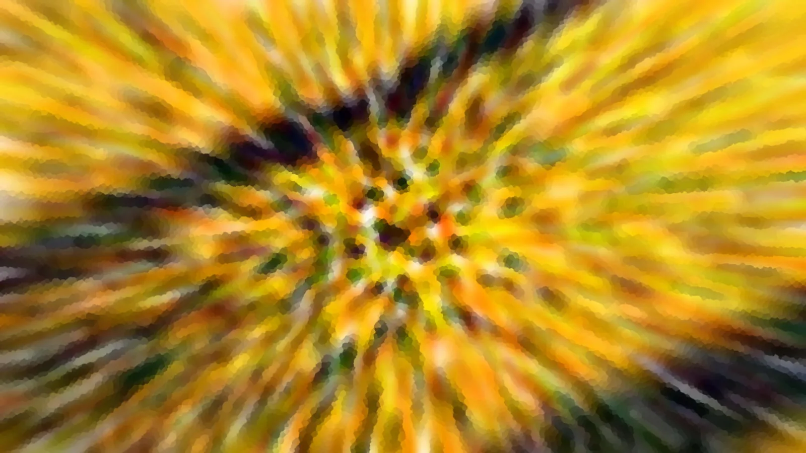 Abstraktes Bild mit gelben, orangefarbenen und dunklen Streifen, die vom Zentrum nach außen strahlen, pixelig verwischt.