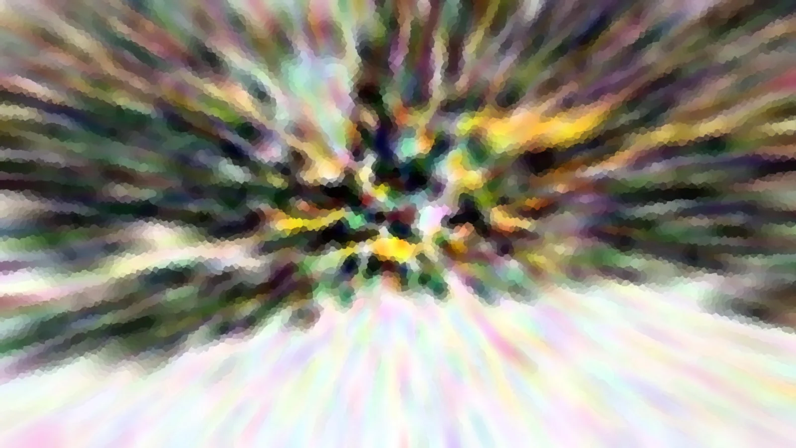 Abstraktes Bild mit radial von der Mitte nach außen laufenden Farbstrahlen in Grün, Gelb, Violett und Weiß, mosaikartig pixelig.
