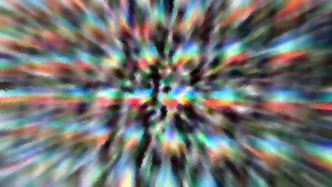 Abstraktes Bild mit radial von der Mitte nach außen laufenden, bunten Streifen in Regenbogenfarben, leicht pixeliges Mosaik-Muster.