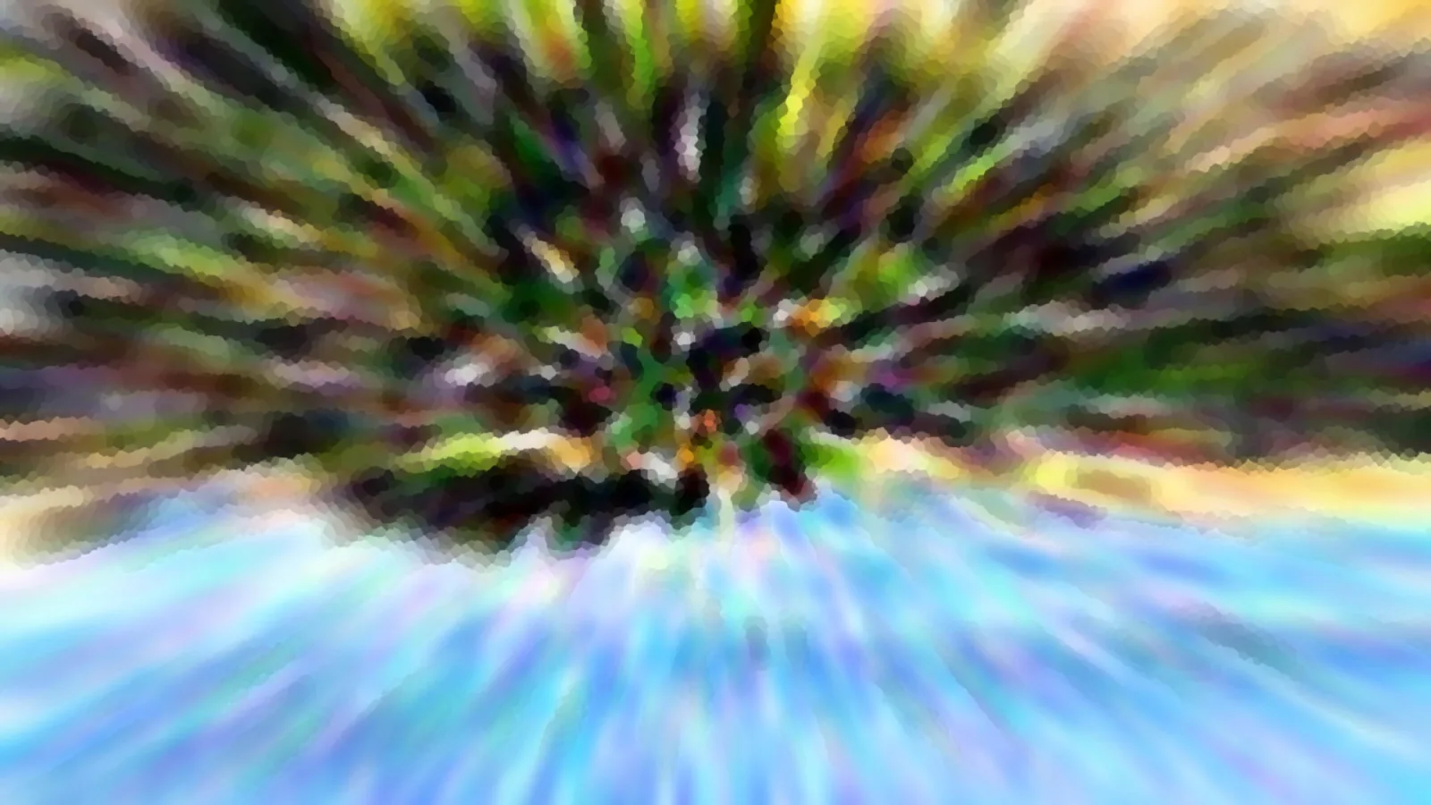 Abstraktes Bild mit radialem Zoomeffekt. Im Zentrum oben wirbeln grüne, violette und gelbe Farbstreifen, unten verlaufen blaue Schlieren nach außen. Die Oberfläche wirkt grob gerastert.