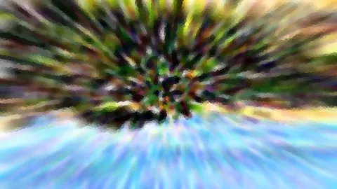Abstraktes Bild mit radialem Zoomeffekt. Im Zentrum oben wirbeln grüne, violette und gelbe Farbstreifen, unten verlaufen blaue Schlieren nach außen. Die Oberfläche wirkt grob gerastert.