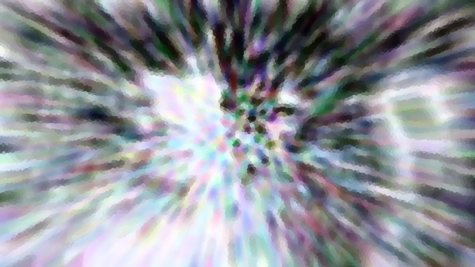 Abstraktes Bild mit strahlenförmig von der Mitte nach außen laufenden Streifen in Pastellfarben wie Rosa, Grün, Blau und Weiß, die Mitte ist hell und stark aufgelöst.