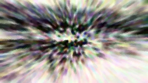 Abstrakte Komposition aus farbigen Schlieren und Pixelblöcken, die von einem dunklen Zentrum radial nach außen strahlen.