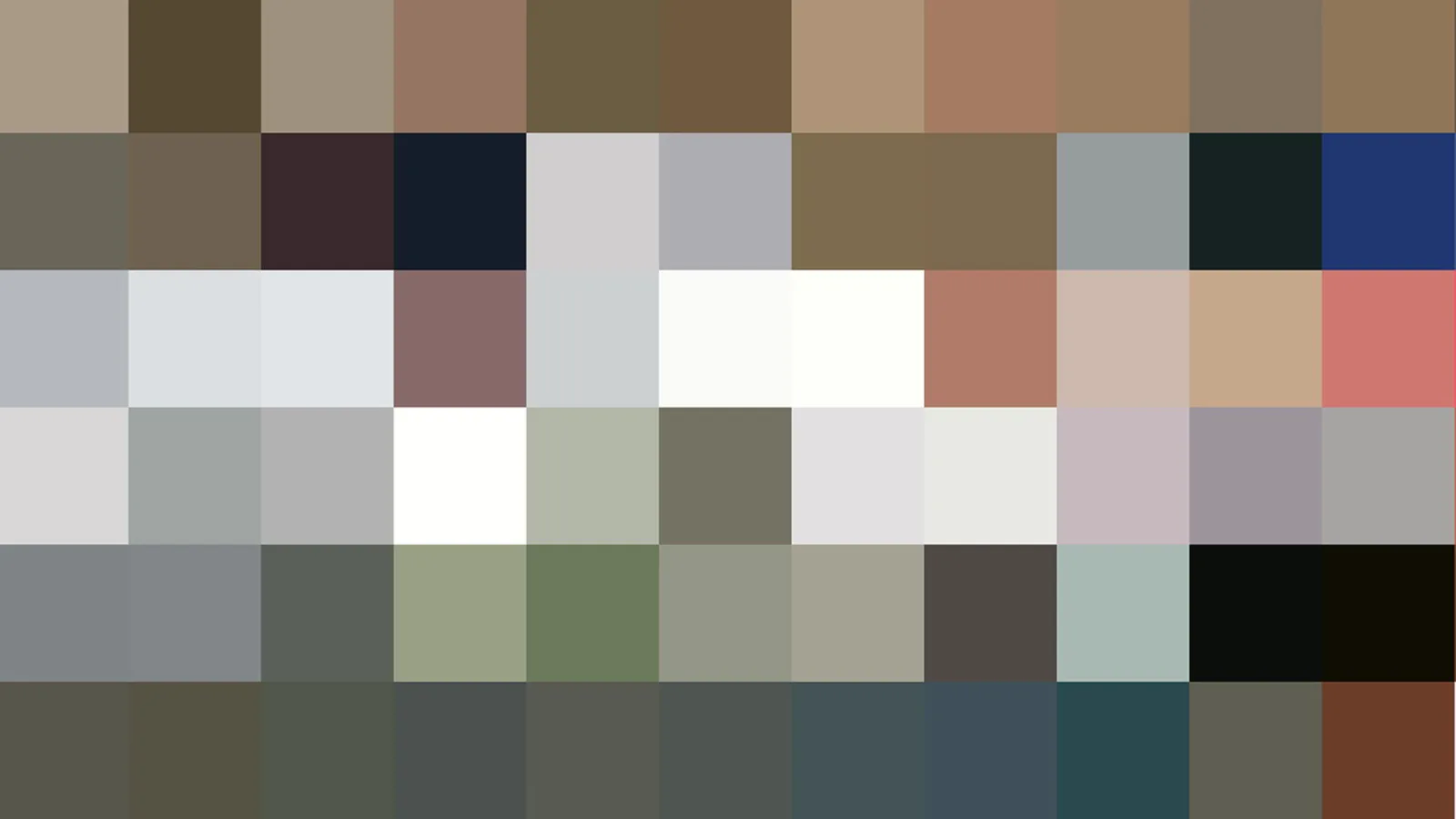 Mosaik aus rund 66 quadratischen Farbfeldern in sechs Reihen, überwiegend Grau, Beige, Weiß, Braun, Grün und Blau.