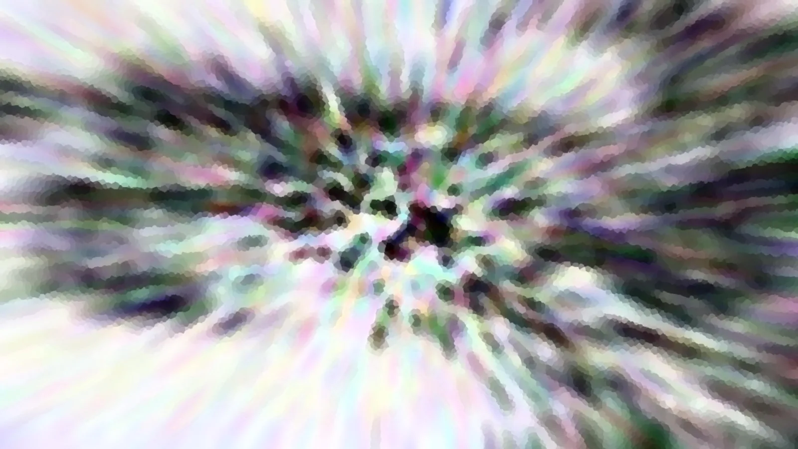 Abstrakte Komposition aus pastellfarbenen Streifen, die radial von einem dunklen Zentrum nach außen laufen, mosaikartig gepixelt.