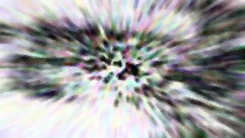 Abstrakte Komposition aus pastellfarbenen Streifen, die radial von einem dunklen Zentrum nach außen laufen, mosaikartig gepixelt.