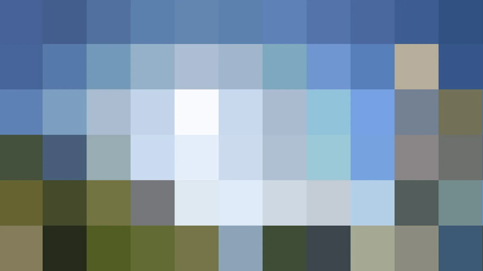 Abstraktes Mosaik aus quadratischen Farbblöcken: oben blaue Töne mit hellem Weiß in der Mitte, unten dunklere Grün- und Grautöne.