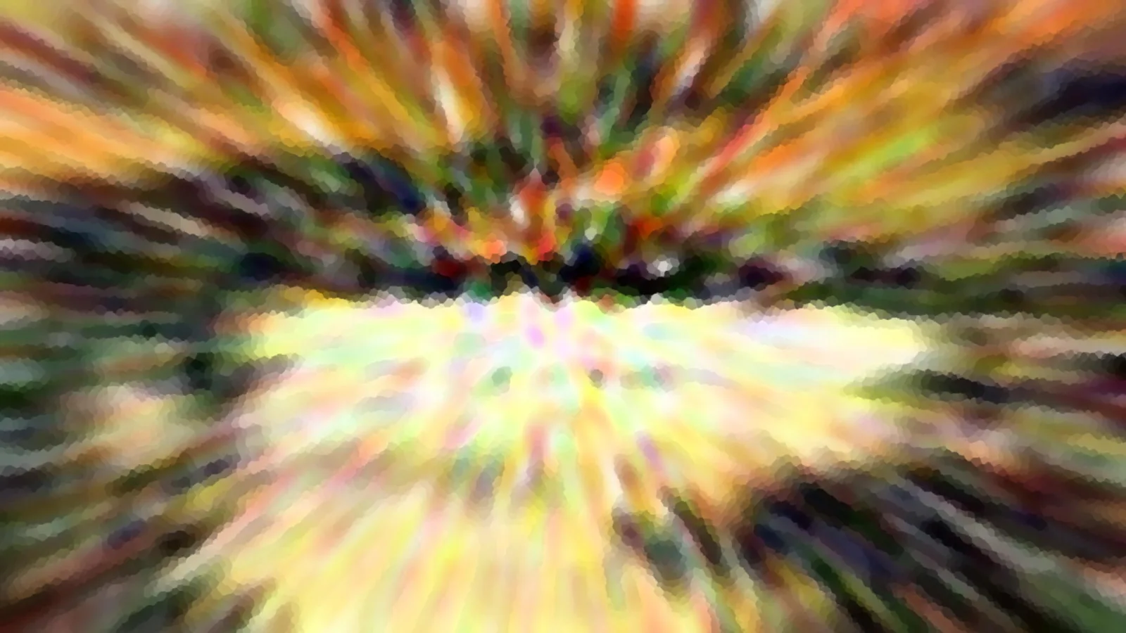 Abstrakte Komposition aus radial von der Mitte nach außen verlaufenden Farbstreifen in Orange, Gelb, Grün und Dunkelblau.