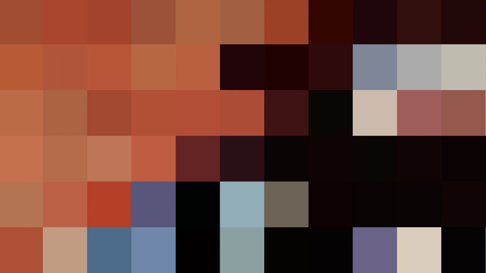 Rasterartiges Mosaik aus quadratischen Farbfeldern in Terrakotta, Rot, Dunkelbraun und Schwarz, unten links durchsetzt mit Blau- und Beigetönen.