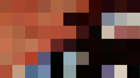 Rasterartiges Mosaik aus quadratischen Farbfeldern in Terrakotta, Rot, Dunkelbraun und Schwarz, unten links durchsetzt mit Blau- und Beigetönen.