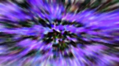 Abstraktes Bild mit radialen violetten und blauen Streifen, die von einem dunklen, grünlich gefleckten Zentrum nach außen strahlen.