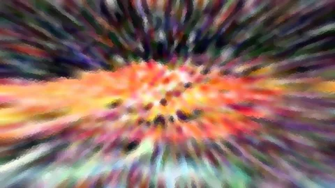 Abstraktes Bild mit bunten Farbstreifen, die von einem hellen Zentrum in der Mitte nach außen strahlen, in Orange, Gelb, Pink, Violett und Grün.