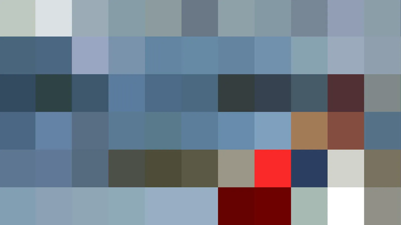 Mosaik aus quadratischen Farbfeldern in Blau-, Grau- und Schwarztönen, verstreut mit einzelnen roten, braunen und dunkelroten Blöcken.