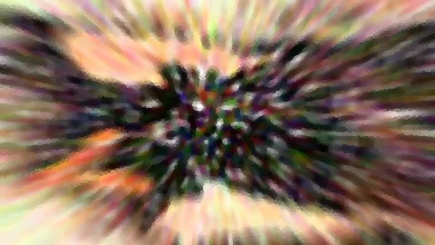 Abstrakte Komposition aus radialen Farbstreifen in Rosa, Orange und Grün, die von einem dunklen, pixeligen Zentrum ausgehen.