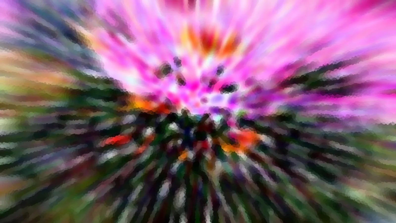 Abstrakte Komposition mit radialen Schlieren in Pink, Orange und Grün, zur Bildmitte hin verdichtet.
