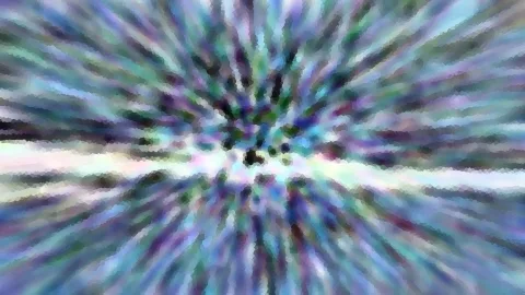 Abstrakte Komposition aus blauen, violetten und grünen Farbstrahlen, die von einem dunklen Zentrum nach außen laufen, mit mosaikartiger Pixelstruktur.