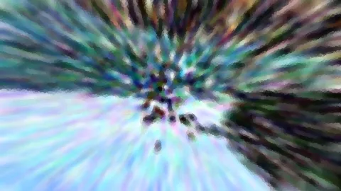 Abstrakte Komposition mit radial von der Mitte ausgehenden Farbstreifen in Grün, Blau, Violett und Weiß, dunkler Kern, grobe Pixelstruktur.