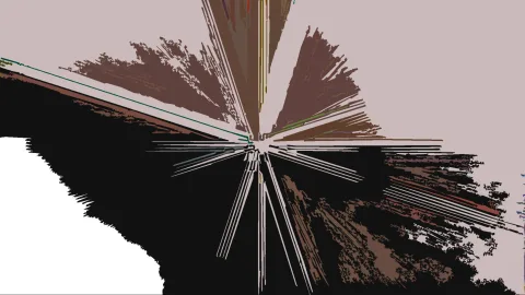 Abstraktes Bild mit radial von einem Mittelpunkt ausgehenden weißen, braunen und grünen Linien auf schwarzem, braunem und beigem Grund.