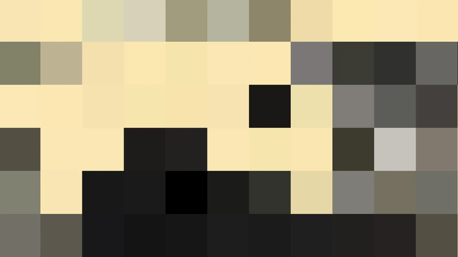 Stark verpixeltes Mosaik in Creme, Grau und Schwarz, oben helle Blöcke, unten dunkle Flächen.