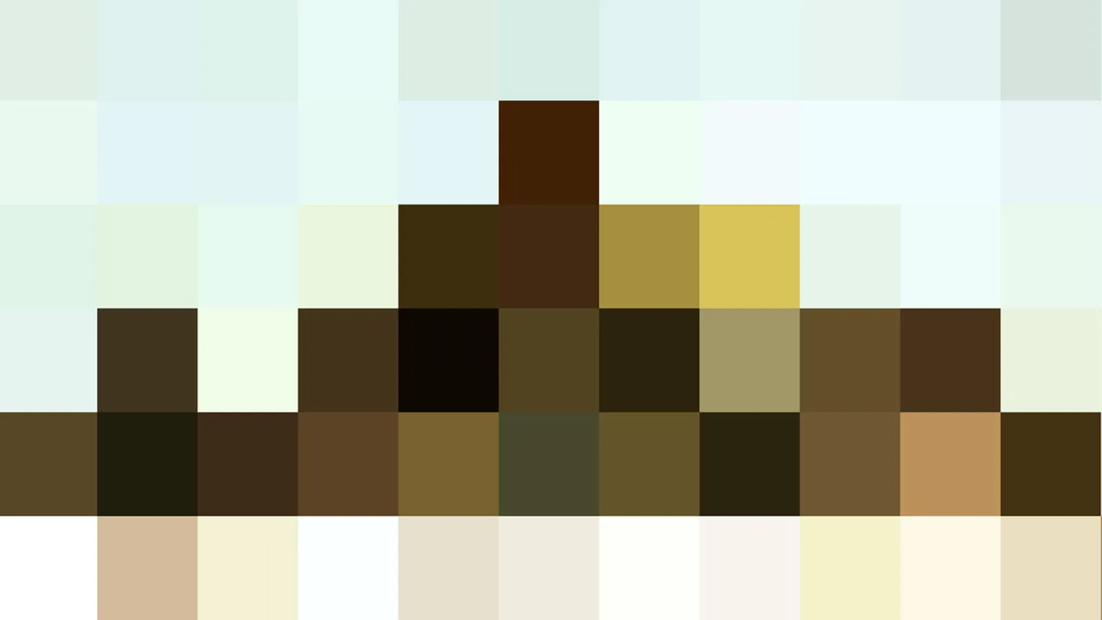 Abstraktes Pixelmosaik aus Blockfeldern: oben helle Mint- und Weißtöne, in der Mitte dunkle Braun- und Olivtöne, unten cremefarbene Felder.