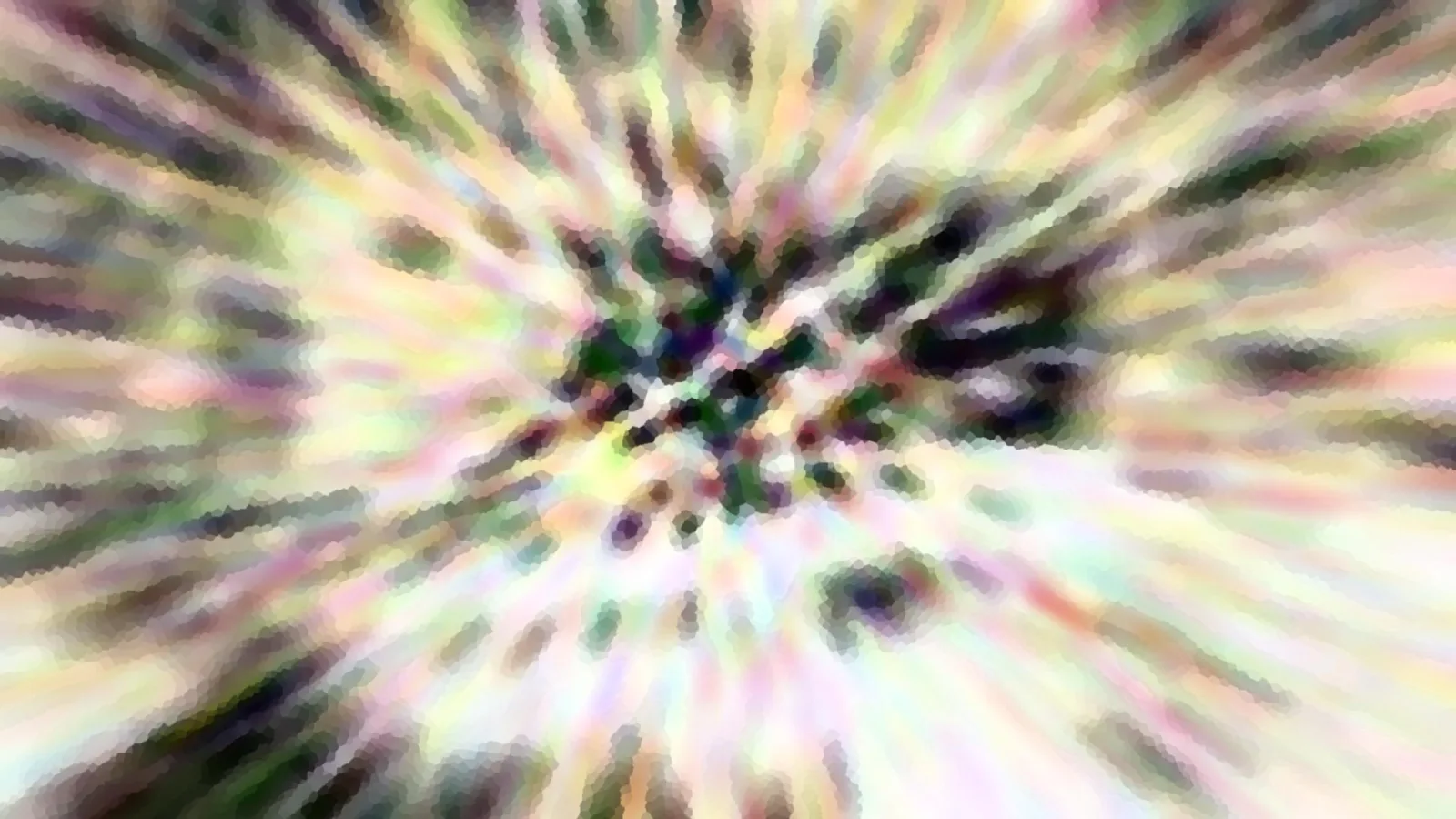 Abstrakte radiale Struktur mit hellen Pastelltönen, die von einem dunkleren, grün-violetten Zentrum nach außen strahlt.
