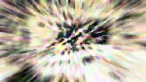 Abstrakte radiale Struktur mit hellen Pastelltönen, die von einem dunkleren, grün-violetten Zentrum nach außen strahlt.