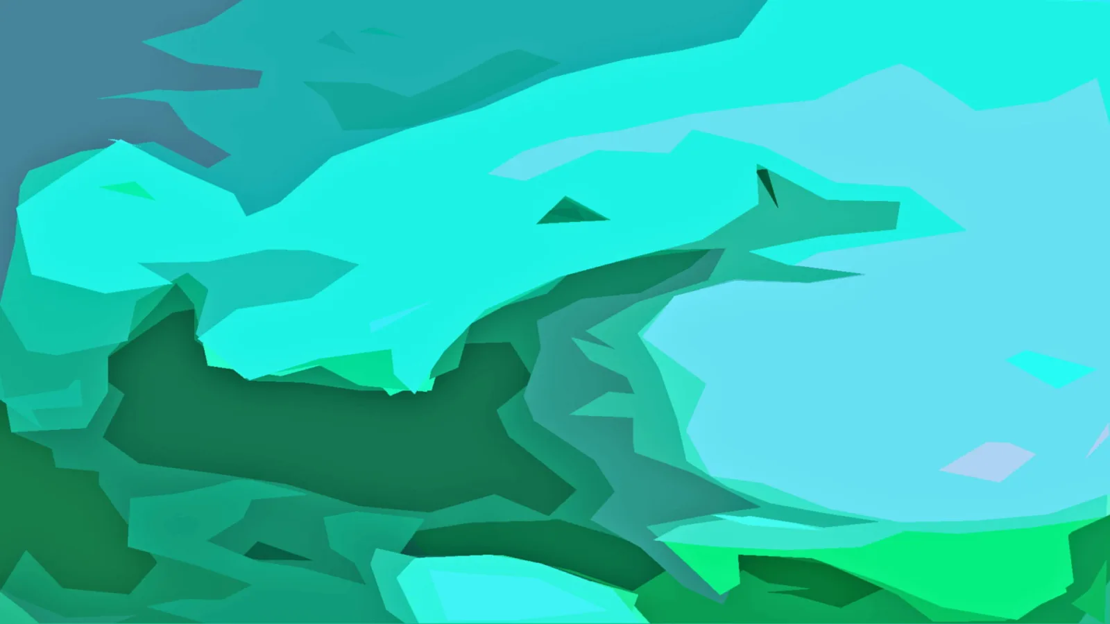 Abstrakte Komposition aus türkisen und grünen Polygonflächen, rechts eine große helle Fläche in Hellblau.