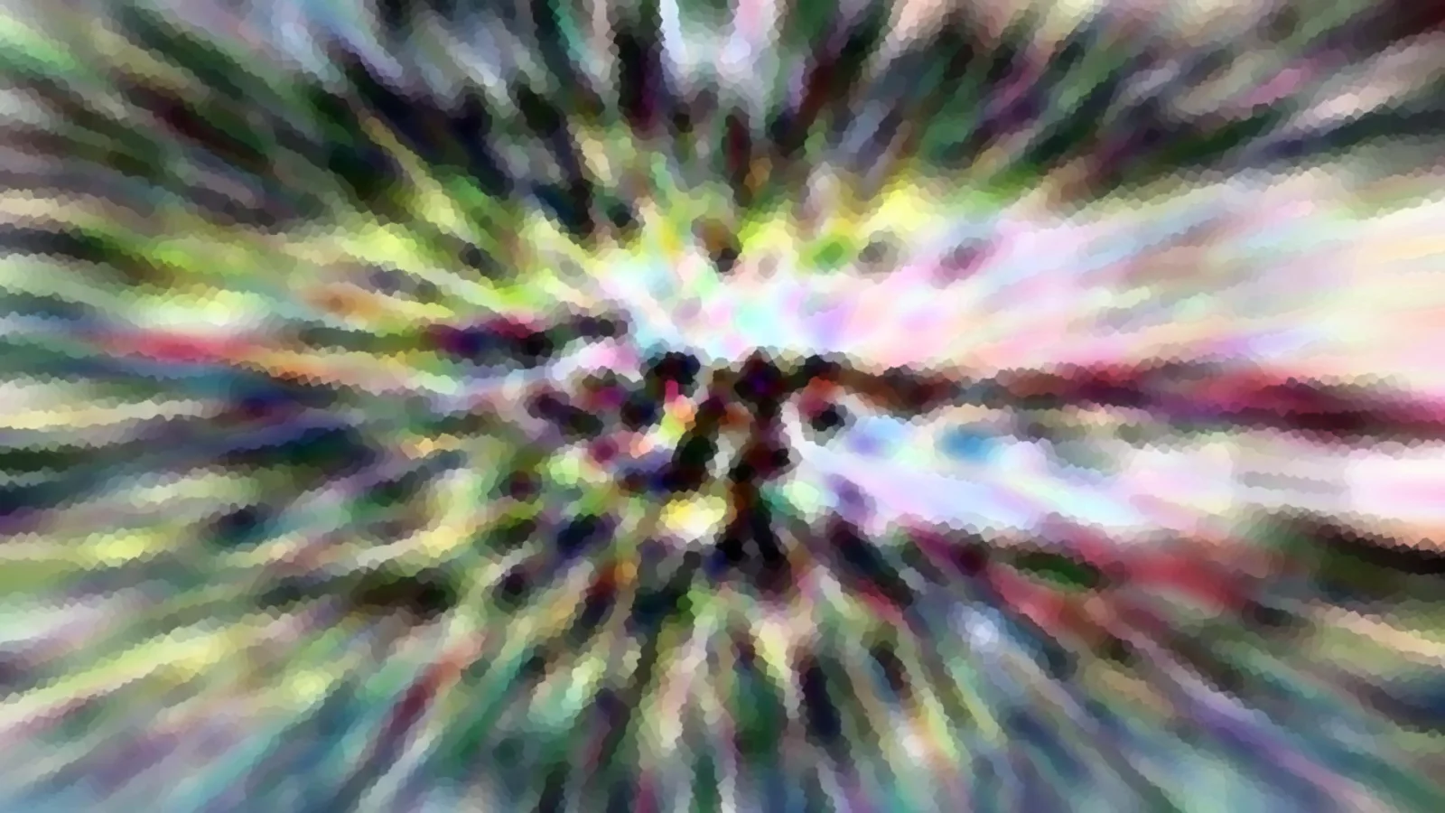Abstrakte Komposition aus bunten Farbstrahlen in Grün, Rosa und Gelb, die von einem dunklen Zentrum radial nach außen laufen, grob gepixelt.