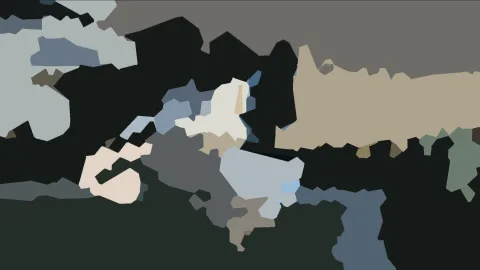 Abstrakte Komposition aus unregelmäßigen Flächen in Schwarz, Grau, Beige, Blaugrau und Blassrosa, dicht nebeneinander angeordnet.