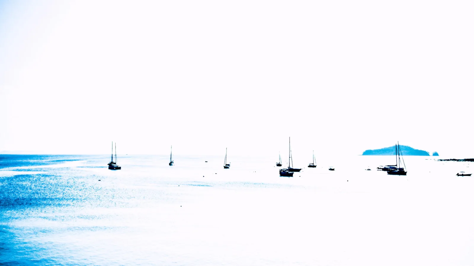 Mehrere Segelboote liegen auf einem hellen, nebligen Meer, rechts ist eine bewaldete Insel zu sehen.