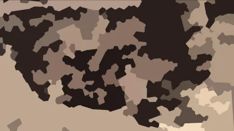 Abstraktes Muster aus unregelmäßigen, eckig-welligen Flächen in Dunkelbraun, Taupe und Beige, dicht verteilt, unten links eine helle, ruhige Fläche.