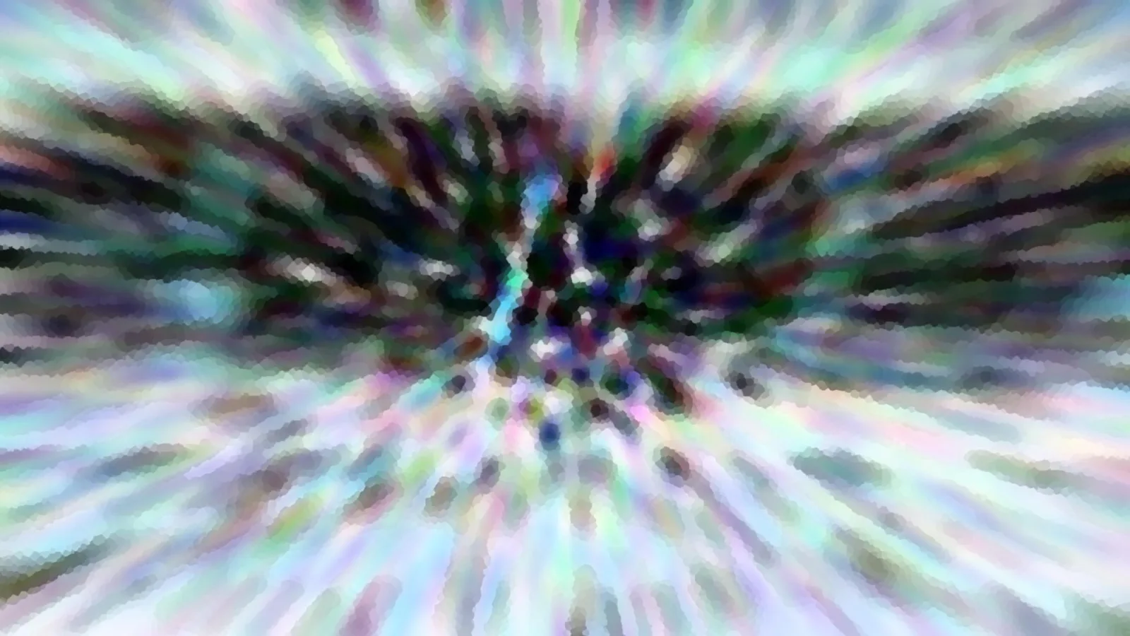 Abstrakte Komposition aus radial verlaufenden, verwischten Streifen in Regenbogenfarben mit einem dunklen Zentrum in der Mitte.