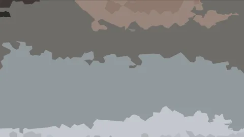 Abstrakte Komposition aus flachen, unregelmäßig gezackten Farbflächen in Grau, Taupe und Beige, oben rötlich getönt, unten hellgrau auslaufend.