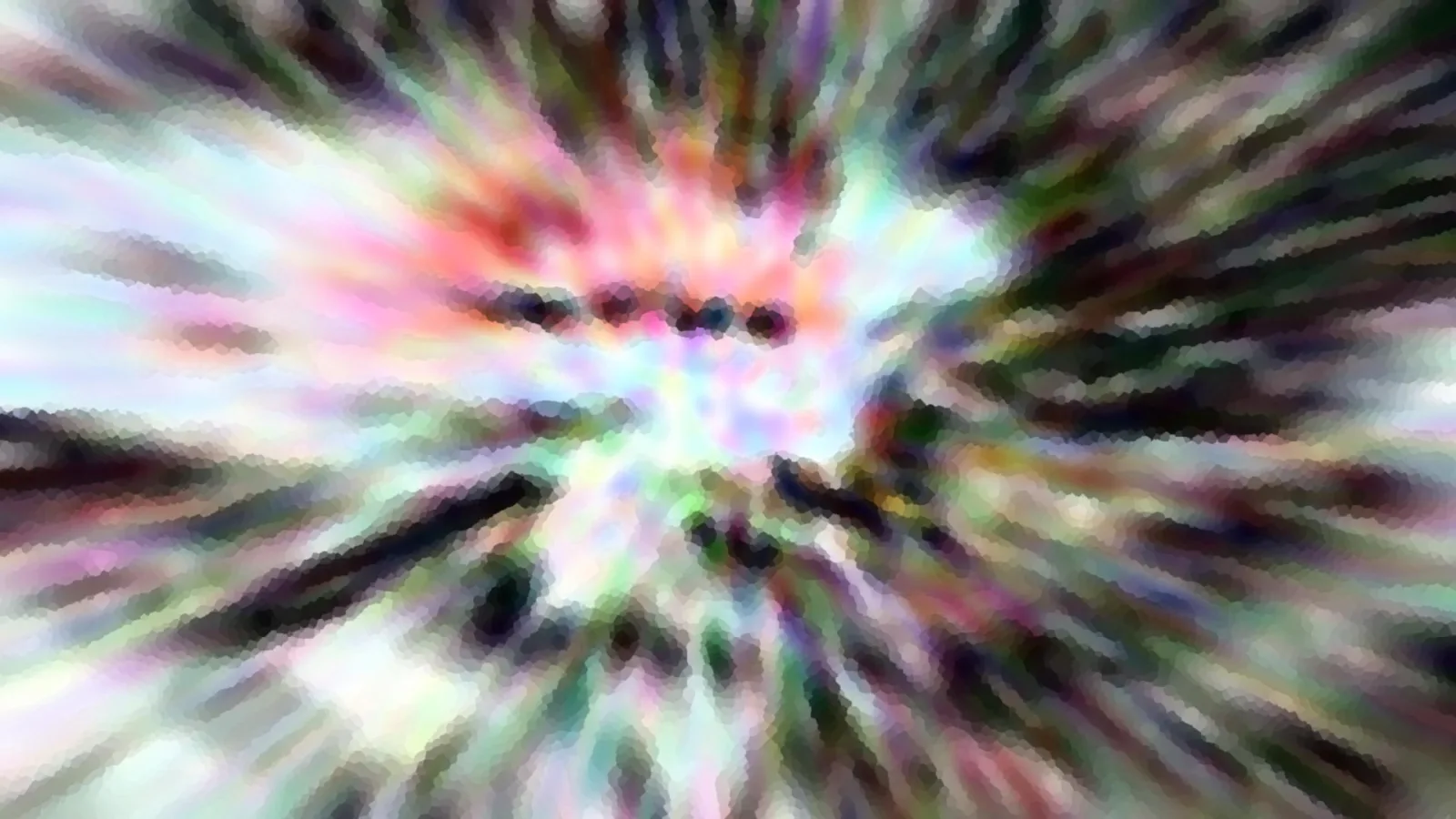 Abstraktes Bild mit radialem Zoomeffekt, das von einer Mitte aus in bunten Farben wie Rosa, Grün, Weiß und Schwarz auseinanderstrahlt, mit grobem Mosaikraster und einigen dunklen Punkten nahe der Mitte.