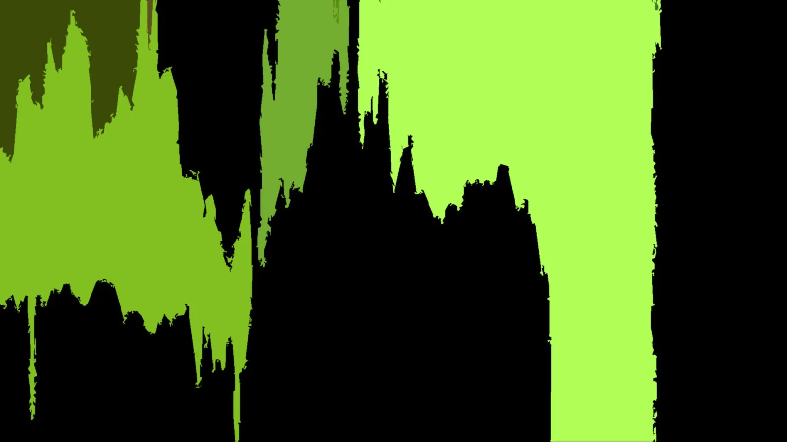 Schwarze, zackige Silhouette mit gotischen Türmen und Spitzen vor limettengrünen Flächen, rechts ein breiter schwarzer Streifen.
