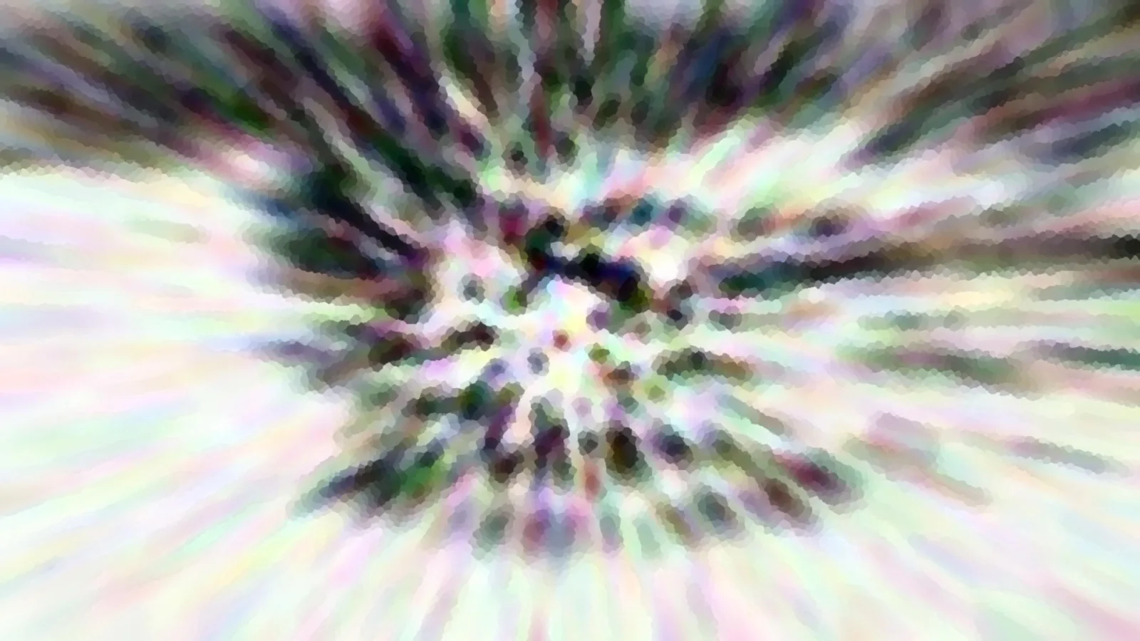 Abstraktes Bild mit radialer Struktur: von einem dunklen Zentrum aus laufen bunte, verwischte Streifen in Grün, Violett und Weiß nach außen.