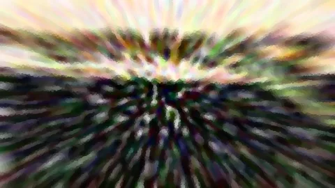 Abstrakte Komposition aus radialer Bewegungsunschärfe mit gelben, rosafarbenen und dunkelgrünen Farbflächen, die von der Bildmitte nach außen strahlen.