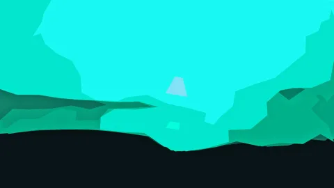 Abstrakte, geometrische Berglandschaft in Türkis- und Grüntönen mit dunkler Fläche im Vordergrund und einem kleinen hellblauen Dreieck am Himmel.