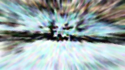 Abstrakte, stark verwischte Komposition mit radial von der Mitte nach außen laufenden bunten Streifen in Grün, Blau, Violett und Weiß, im Zentrum dunkle Formen.