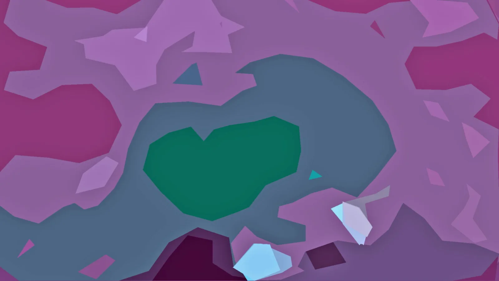 Abstrakte Komposition aus violetten und magentafarbenen Flächen, in der Mitte eine grüne herzförmige Form, unten zwei hellblaue Kristallformen.