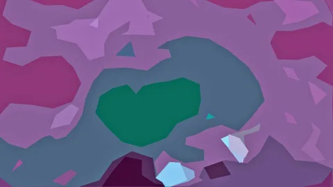 Abstrakte Komposition aus violetten und magentafarbenen Flächen, in der Mitte eine grüne herzförmige Form, unten zwei hellblaue Kristallformen.